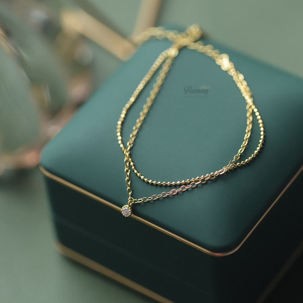 Lắc tay bạc nữ mạ vàng s925 đính đá 2 sợi kép basic sang trọng | HARMONY ACCESSORIES VT35