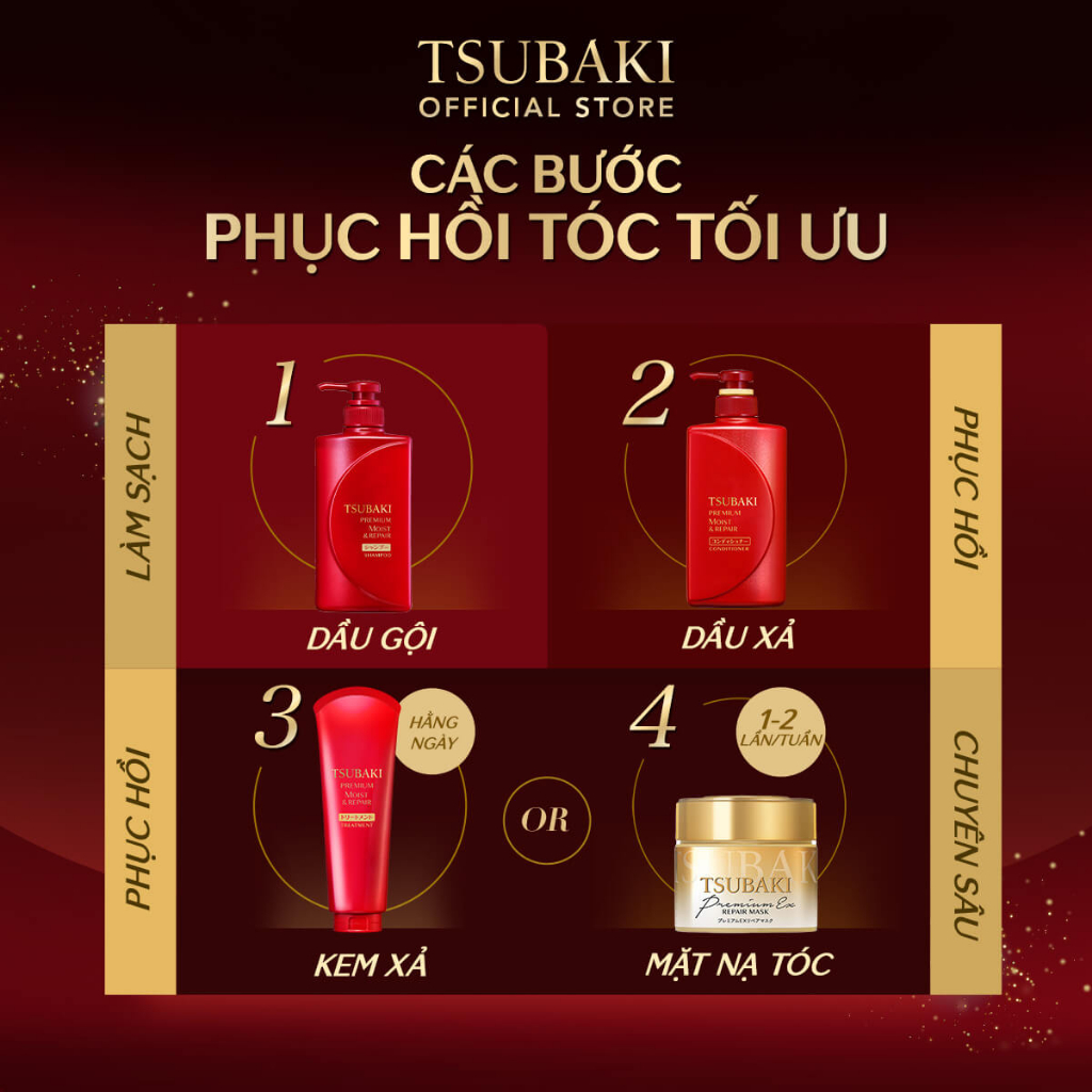 Combo gội xả Dưỡng tóc bóng mượt Premium Moist (490ml/chai) và Mặt nạ tóc phục hồi hư tổn Tsubaki (180g)