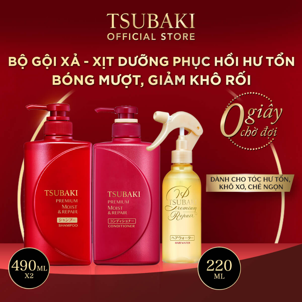 Bộ Ba Chăm Sóc Tóc Giảm Khô Xơ Rối Tsubaki Gội Xả (490ml/chai) + Xịt Dưỡng Tóc 220ml/chai-95244