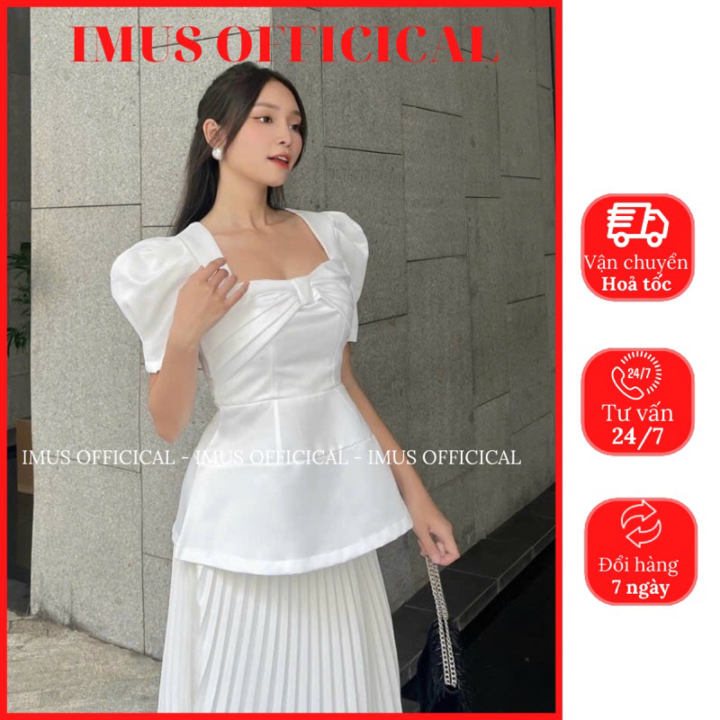 Áo peplum cổ vuông thiết kế tay phồng nơ ngực thời trang đi làm [IMUS OFFICICAL]