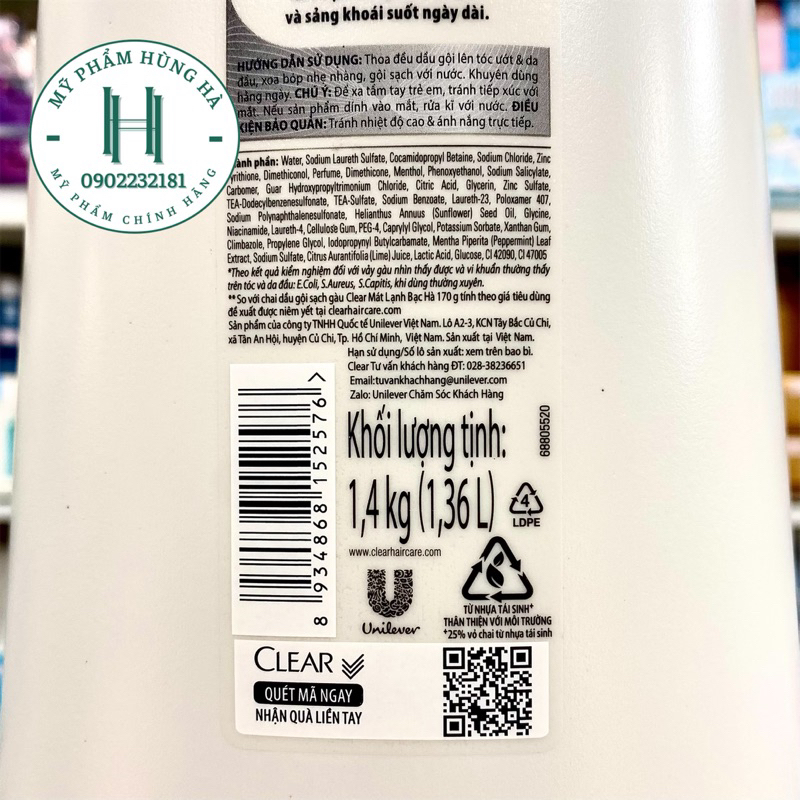Dầu gội Clear Bạc Hà chai 1.4kg, 1400g, 1.36l, mát lạnh da đầu, sạch gàu, sảng khoái