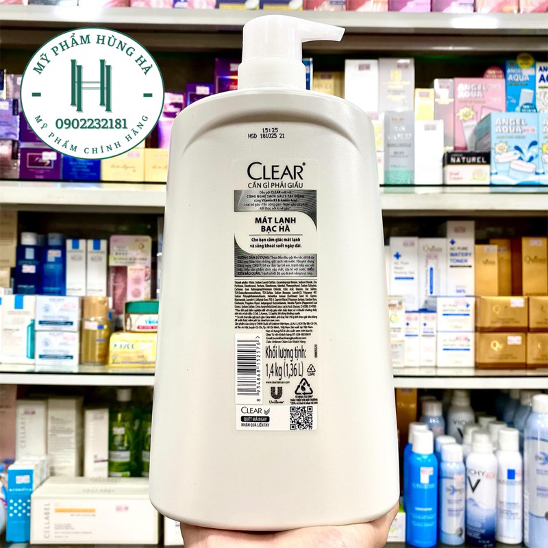 Dầu gội Clear Bạc Hà chai 1.4kg, 1400g, 1.36l, mát lạnh da đầu, sạch gàu, sảng khoái