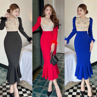 Đầm body đuôi cá tay kết lông vũ TẶNG KÈM HOA TAI THỜI TRANG