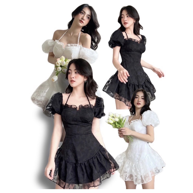 Đầm Bồng Cúp Ngực Cổ Yếm Chất Tơ Ép Hoạ Tiết Hoa Văn - Đầm Bồng Cúo Ngực Phong Cách Thời Trang Tiểu Thư