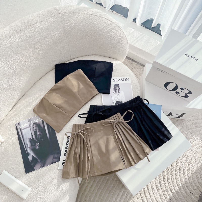 Set áo ống croptop cúp + chân váy xếp ly cột dây nơ cho nữ