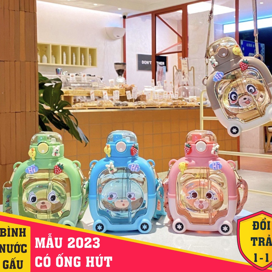 Bình Đựng Nước Gấu 1000ml Siêu Đẹp Kèm Dây Đeo Dễ Thương, Mẫu Mới Nhất Có Ống Hút Tiện Dụng, An Toàn, Bền Đẹp