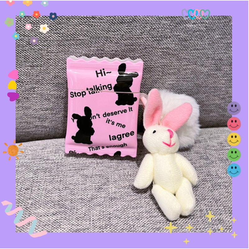 Case ốp lưng Airpods vỏ kẹo 🍬 Pinky Bunny 🐰+ dây chain bông xù & thỏ bông 🐇 (1/2/3/pro/pro2)