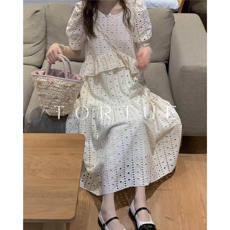 V018 Váy đầm dài midi ren tầng nhã nhặn bầu phong cách cổ điển Retro Vintage Taobao mới 2023