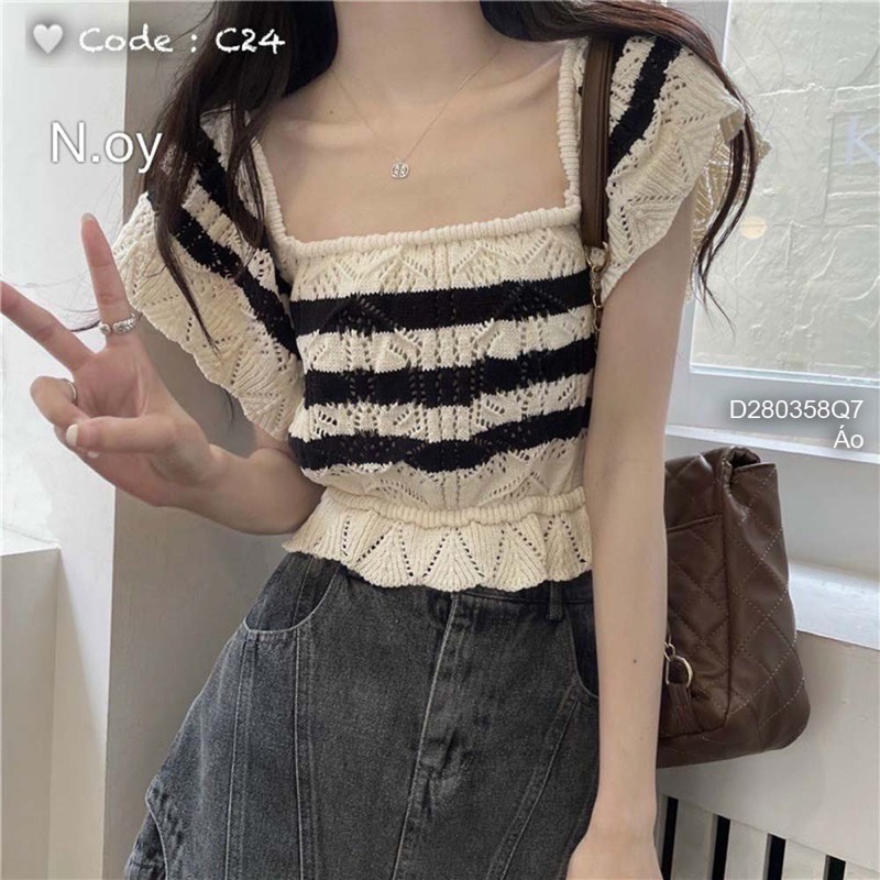 Áo ren croptop phối sọc cá tính VIENS STORE