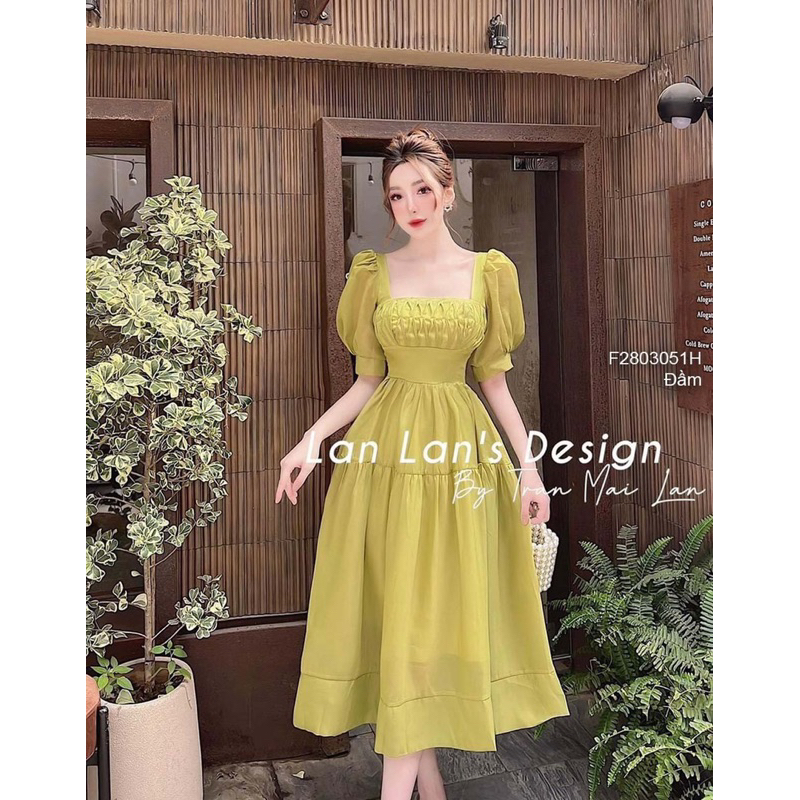 Đầm xòe cổ vuông tay phồng ngực xếp sang trọng VIENS STORE
