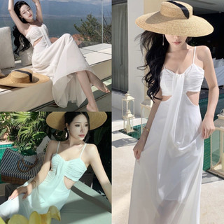 Đầm trắng maxi đi biển khoét eo sang chảnh điệu đà thời trang nữ D58