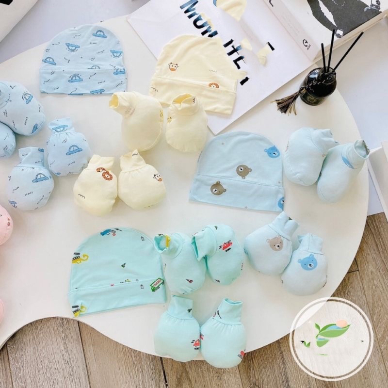 Sét mũ kèm bao tay bao chân chất pettit nền màu  cho bé Lpkids