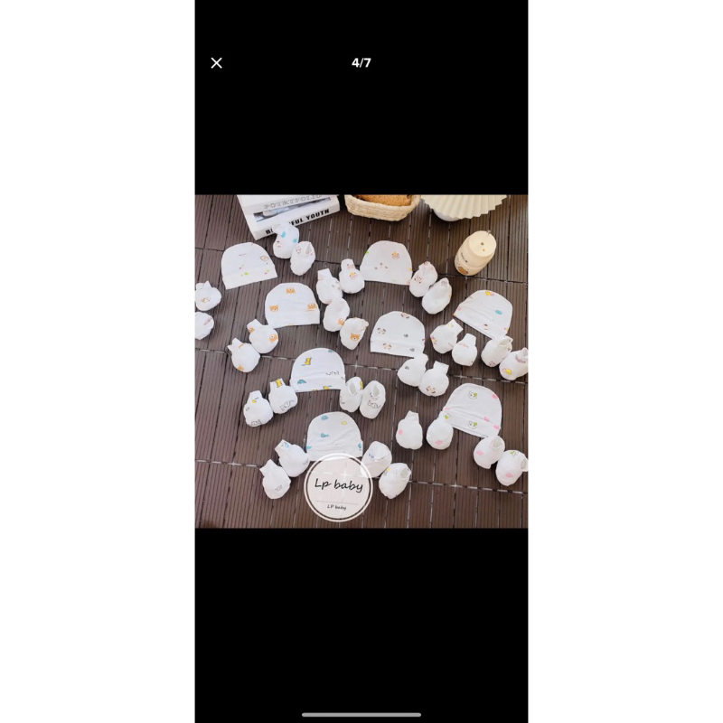 Sét mũ kèm bao tay bao chân HỌA TIẾT 5 MÓN chất pettit tông nền trắng LP