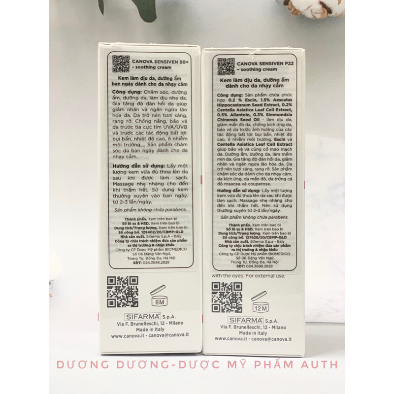Kem dịu nhẹ, chống kích ứng, ngừa chứng đỏ da, giãn mao mạch CANOVA Sensiven P22 và Sensiven 50+ 50ml chính hãng