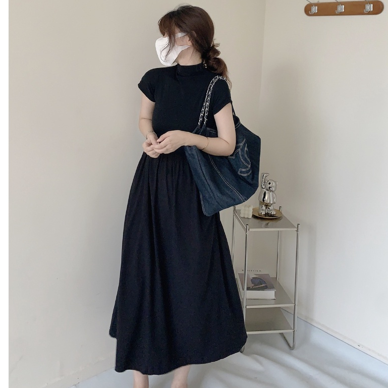 Váy maxi ngắn tay len zip phối thô dáng dài đầm xòe nữ LD2234 | BigBuy360 - bigbuy360.vn