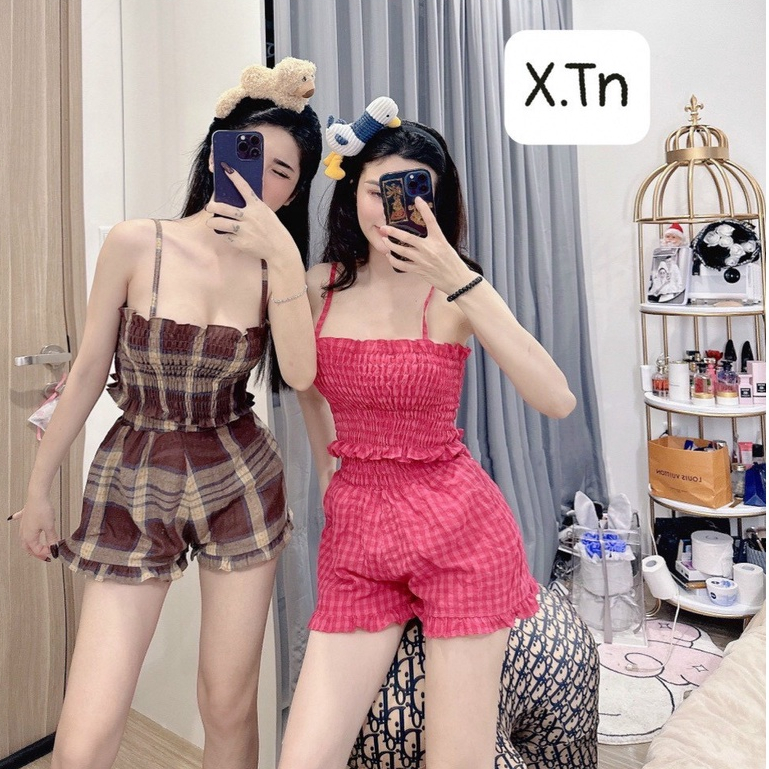 Set đồ nữ áo 2 dây croptop kèm quần đùi cạp lưng cao VD969
