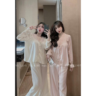 Đồ bộ tiểu thư tay dài, lụa latin phối ren mềm