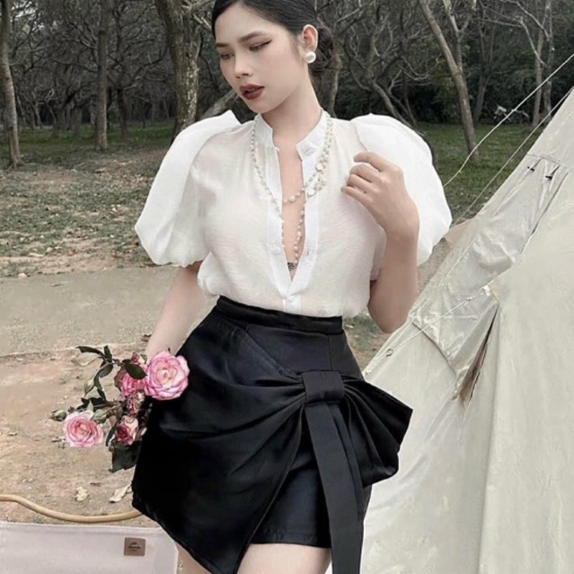Set áo sơ mi tay phồng kèm chân váy phối nơ quảng châu cực sang chảnh phong cách thanh lịch tiểu thư cho nàng đi chơi