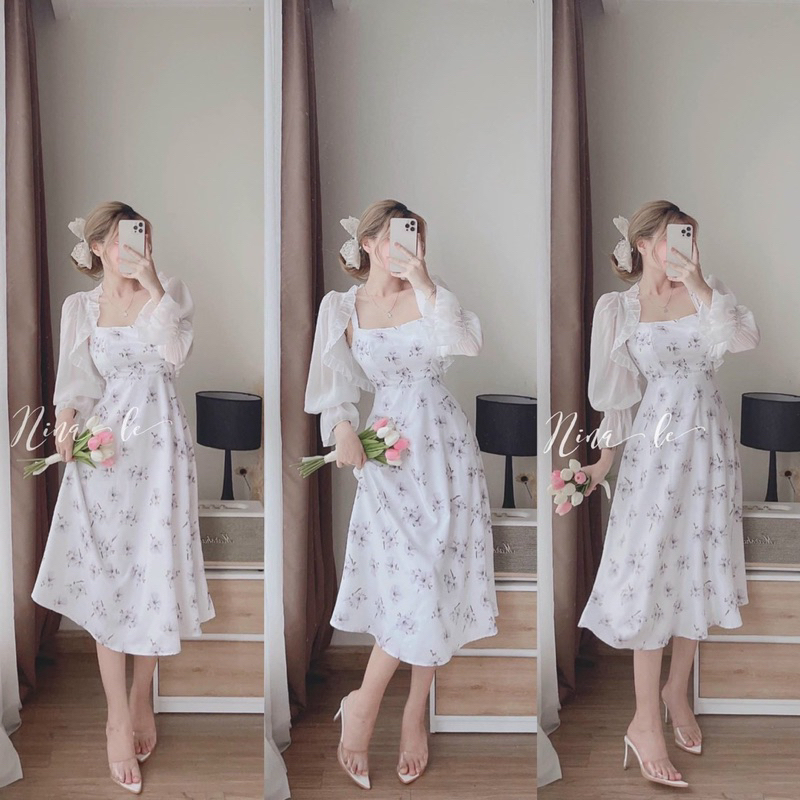 (Mẫu Mới) Đầm trắng hoa tím hai dây kèm khoác, đầm hoa siêu xinh, freesize