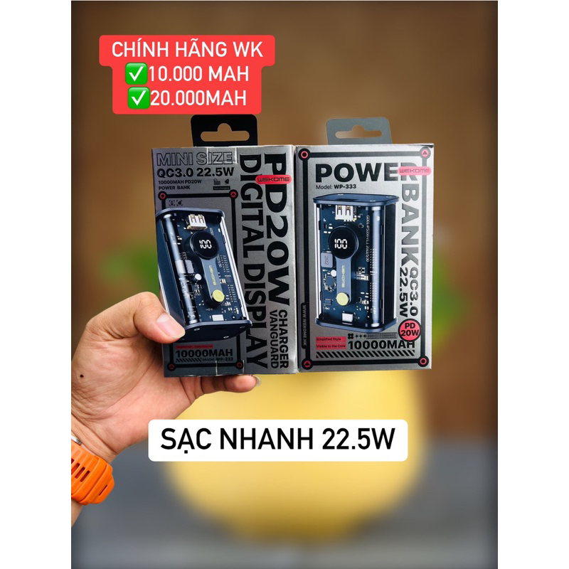 Sạc Dự Phòng Trong Suốt 20000mAh WP-337, Sạc Nhanh Type-C (PD 20W) 22,5W, Pin Sạc Dự Phòng WP-333 10000mAH