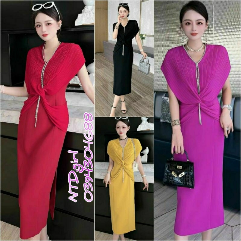 Hàng nhập - Đầm dáng ôm thun phối voan kết đá, váy dự tiệc cổ tim tay cánh dơi cách điệu