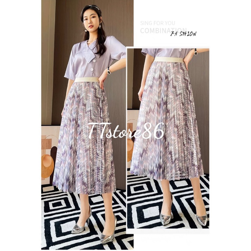 Chân váy xếp ly voan lụa 2 lớp dáng dài nhiều mầu sắc hoạ tiết ziczac mẫu thời trang thanh lịch mới nhất