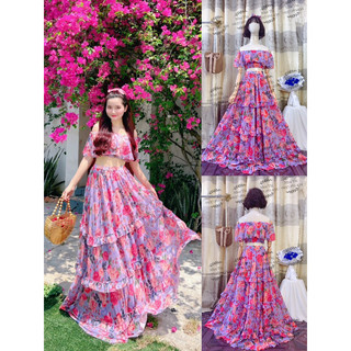 (miễn phí chỉnh váy) sét đầm maxi hoa tím áo trễ vai và chân váy xòe to tiểu thư du lịch chụp ảnh thiết kế cao cấp