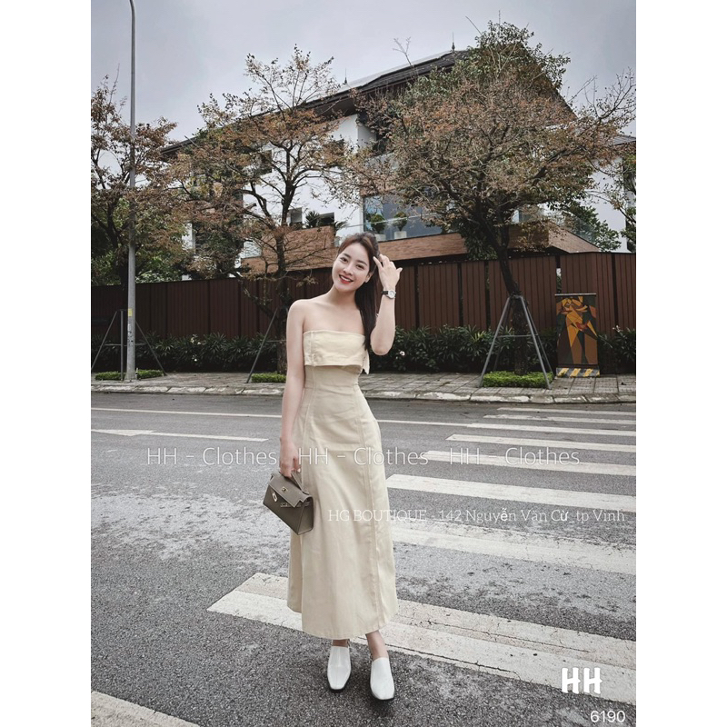 Váy Kaki Thô Trễ Vai Trơn H2 • Melanie Boutique