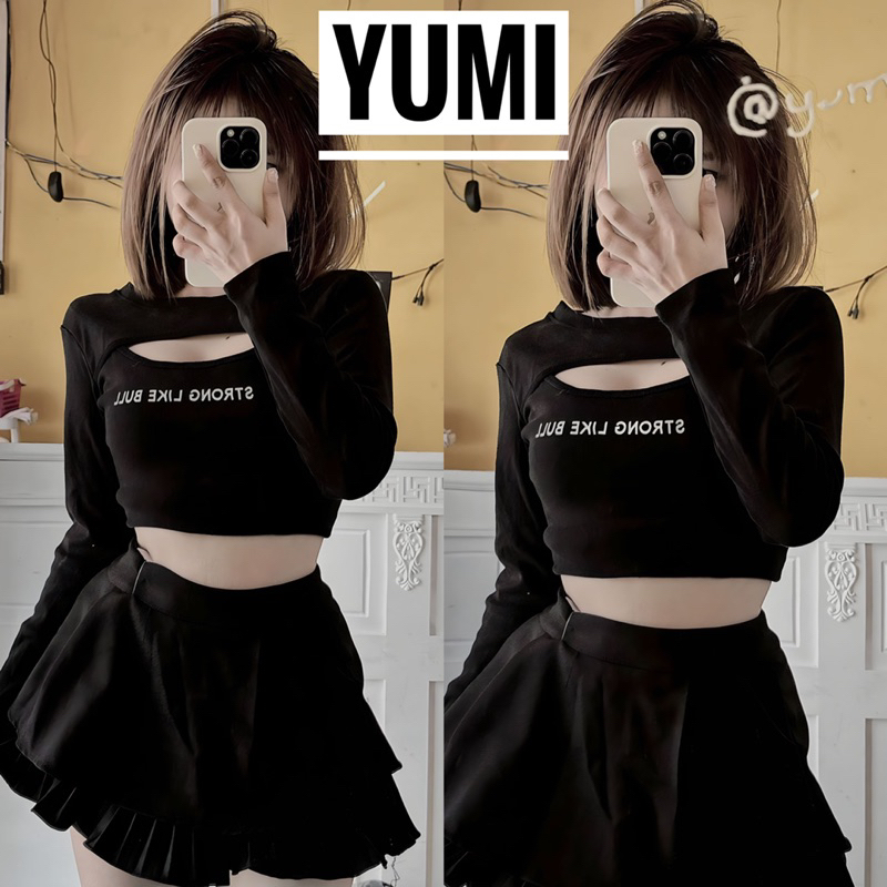 Áo Tay Dài Khoét Ngực In Chữ Thun Gân Co Giãn YUMI BÁN SỈ
