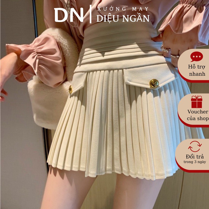 Chân váy nữ xếp ly nhỏ lưng cao dáng chữ A phối nắp túi đính cúc có quần lót trong chất vải vitex
