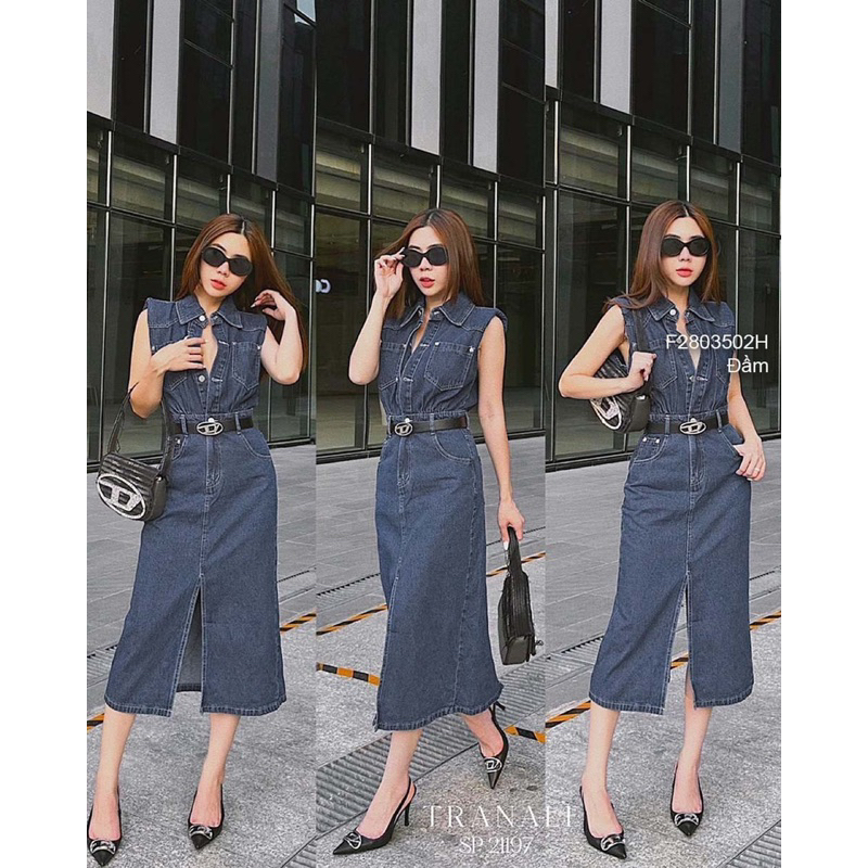 Đầm sơ mi jean sát nách phối viền chỉ nổi sang trọng VIENS STORE
