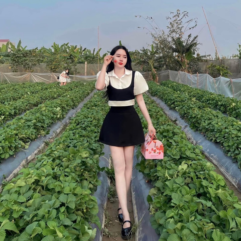 (Có ảnh thật) Set tiểu thư áo sơ mi croptop tay bồng phối yếm mix chân váy chữ A dáng ngắn Un.style