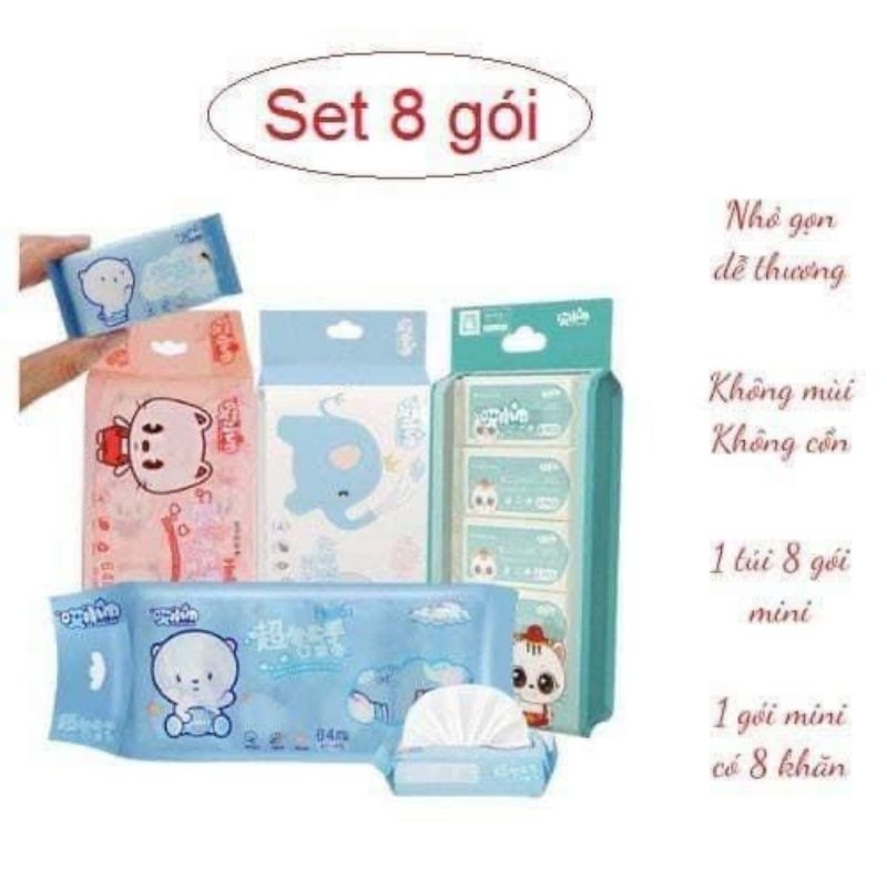 SET 8 GÓI KHĂN ƯỚT MINI TIỆN DỤNG HÌNH SIÊU DỄ THƯƠNG