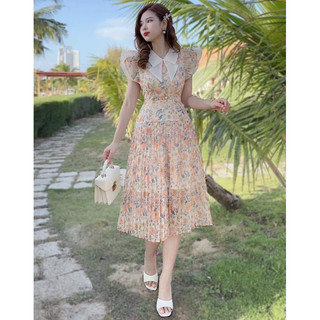 Đầm voan hoa xoè dập ly cổ phối nơ thời trang nữ tính