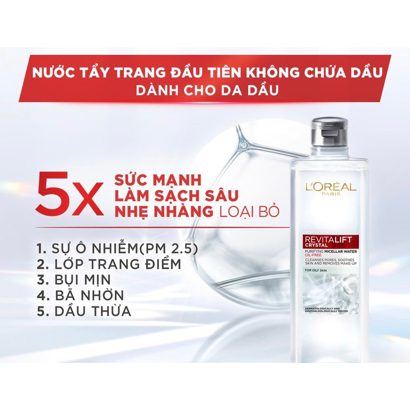 Nước làm sạch và tẩy trang mềm mịn cho da dầu L'Oreal Paris Revitalift Crystal Micellar Water 95ml