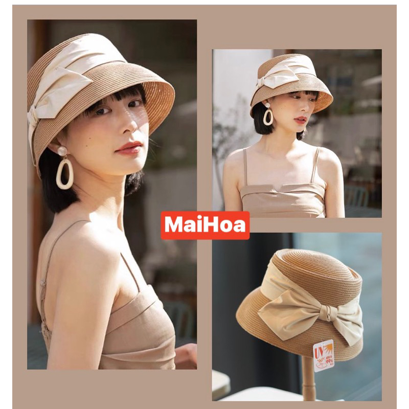Mũ cói chuông nơ nhỏ đi biển chống tia UV cho nữ