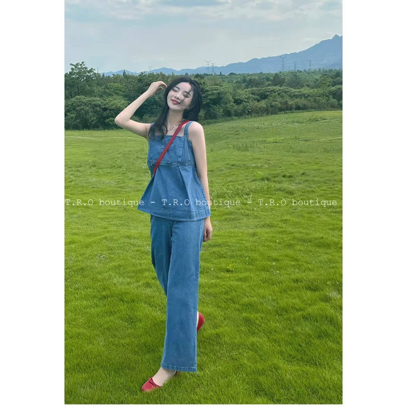 Set bộ jean áo 2 dây phối quần ống suông dài sang trọng VIENS STORE
