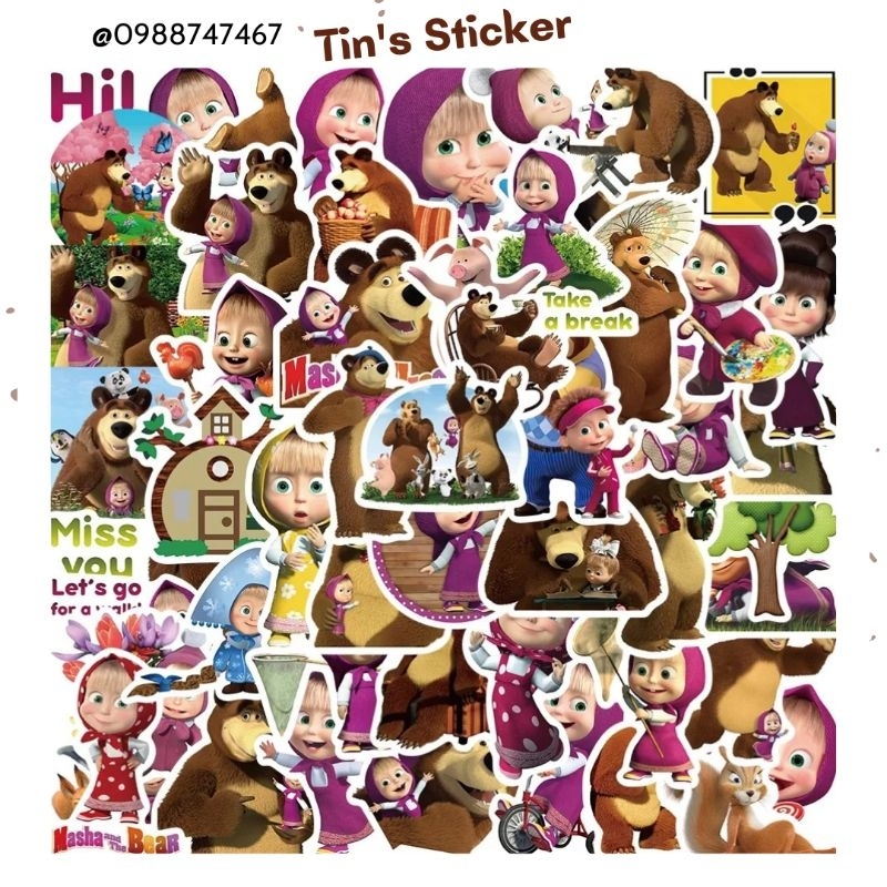 Set combo 50 miếng dán sticker hoạt hình Masha and the bear dán nón mũ bảo hiểm laptop vali sổ tay đàn guitar điện thoại