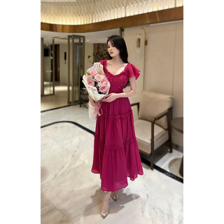 Đầm váy maxi cổ vuông tay ngắn bo chun freesize dáng xoè form dáng cực chất