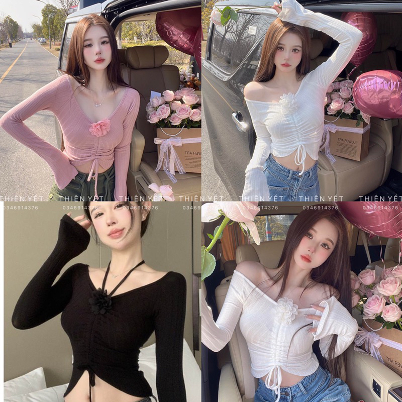 Áo thun kiểu croptop cổ V tim RÚT HOA tay dài sexy nữ GB - Thiên yết