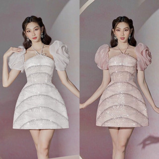 Đầm xoè tay xoắn hoa hồng đính đá phối màu tặng kèm hoa tai thời trang