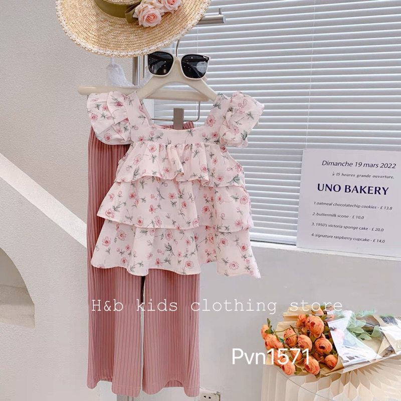 Set áo hoa tầng hồng pastel bé gái