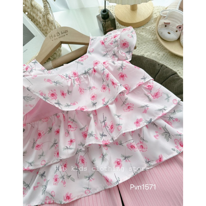 Set áo hoa tầng hồng pastel bé gái