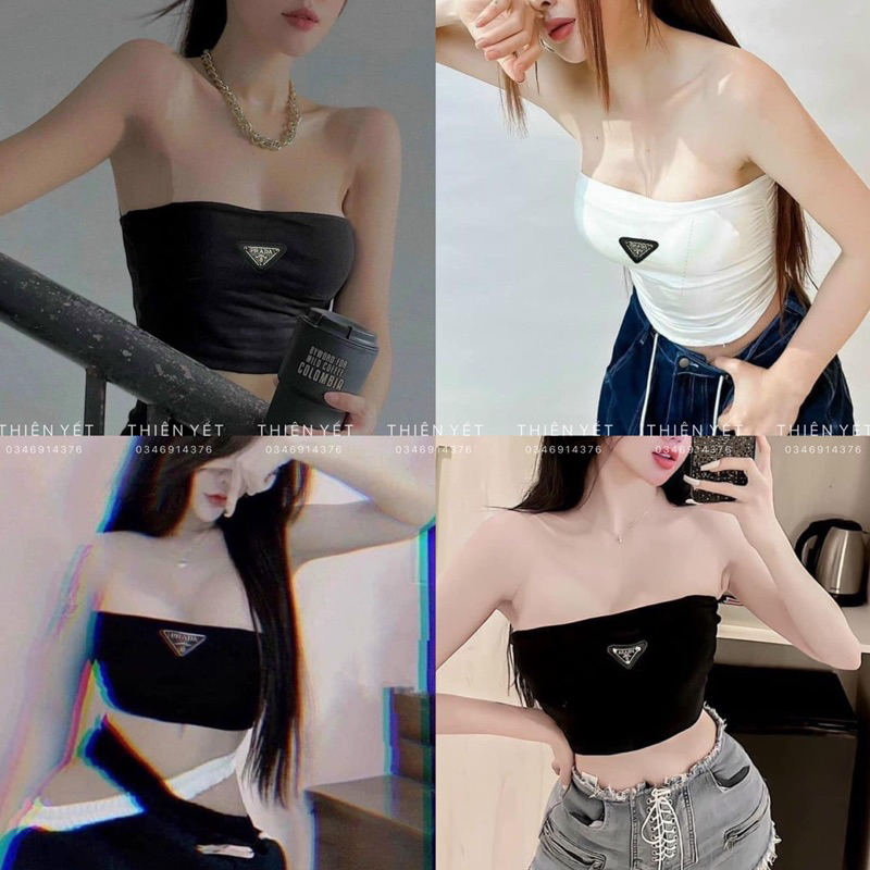 Áo ống logo nổi PRA DA thun borip dáng ngắn croptop nữ ( hình thật) UN-Thiên yết