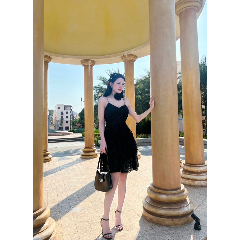 Đầm xoè ren hoa hồng tầng hai dây kèm tag hoa hai màu trắng đen