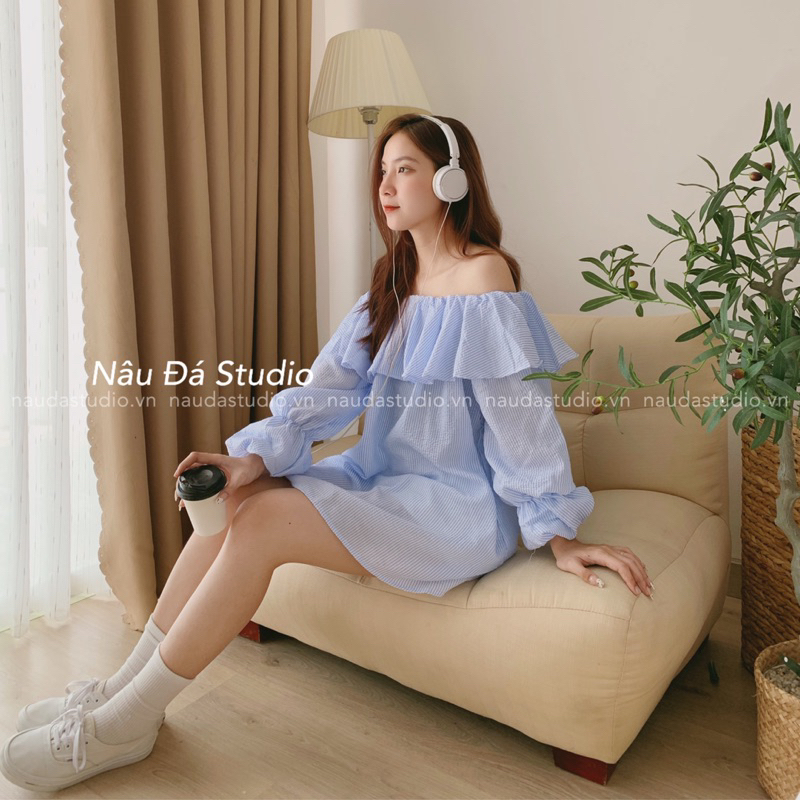 ÁO TRỄ VAI XANH XỐP GIẢ VÁY  - NÂU ĐÁ STUDIO.