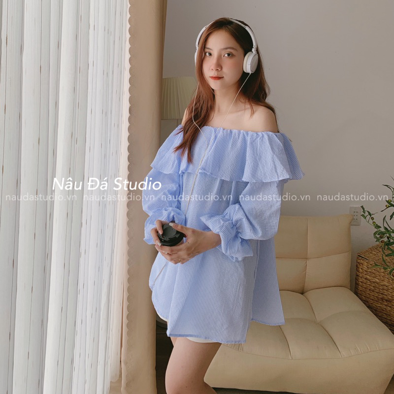 ÁO TRỄ VAI XANH XỐP GIẢ VÁY  - NÂU ĐÁ STUDIO.