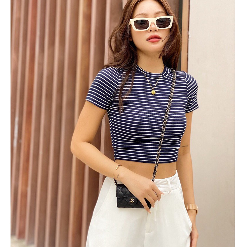 ÁO THUN CROPTOP TAY NGẮN KẺ SỌC ÔM BODY SIÊU TÔN EO M7-1