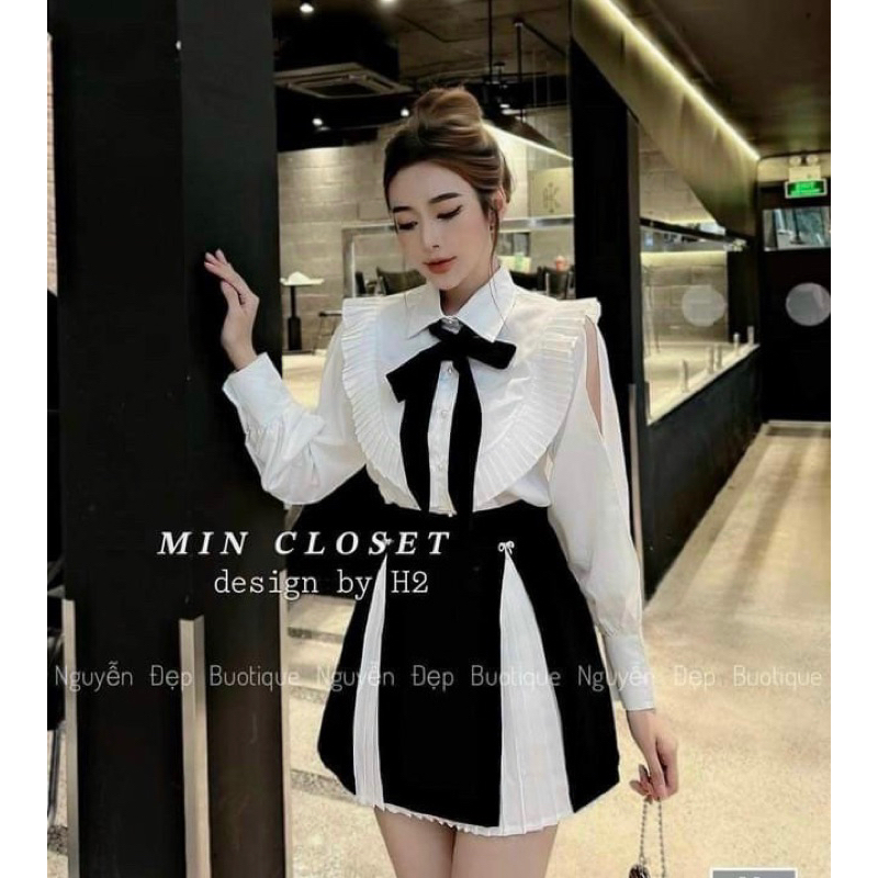 Mã Mới Sét Phối Đen Trắng Áo Sơ Mi Sẻ Tà Tay , Chân Váy Xếp Ly Trắng Tà Đen Tặng 2 cái Tang Đá
