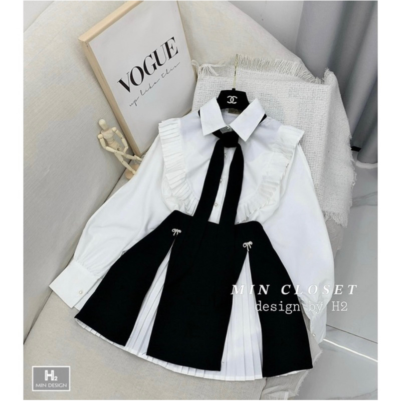 Mã Mới Sét Phối Đen Trắng Áo Sơ Mi Sẻ Tà Tay , Chân Váy Xếp Ly Trắng Tà Đen Tặng 2 cái Tang Đá